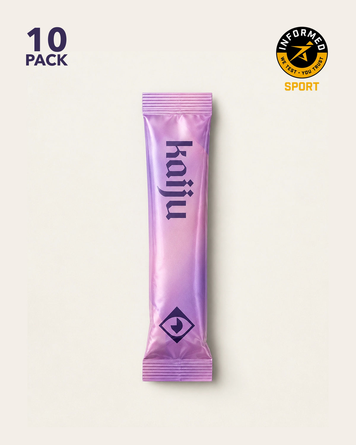 A single sachet of Kaiju Sport dietary supplement, part of a 10-pack, shown vertically on a light beige background with brand badges in the corners.
