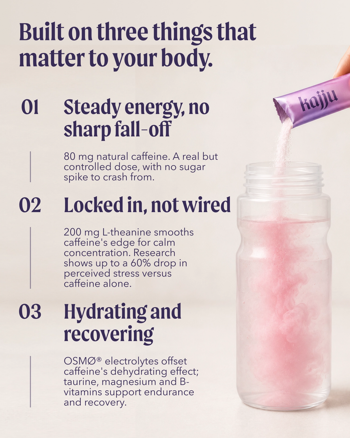 An informational marketing graphic for Osmo Purple energy drink powder. The left side features dark purple text detailing three key benefits: steady energy, locked-in focus, and hydration/recovery.
