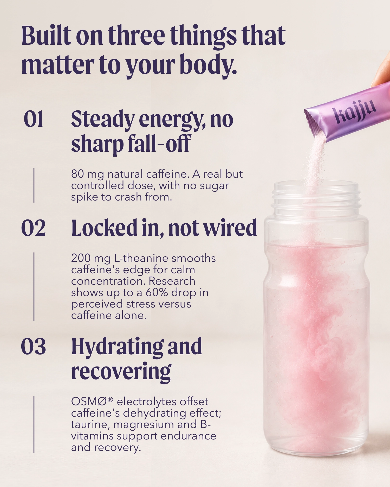An informational marketing graphic for Osmo Purple energy drink powder. The left side features dark purple text detailing three key benefits: steady energy, locked-in focus, and hydration/recovery.