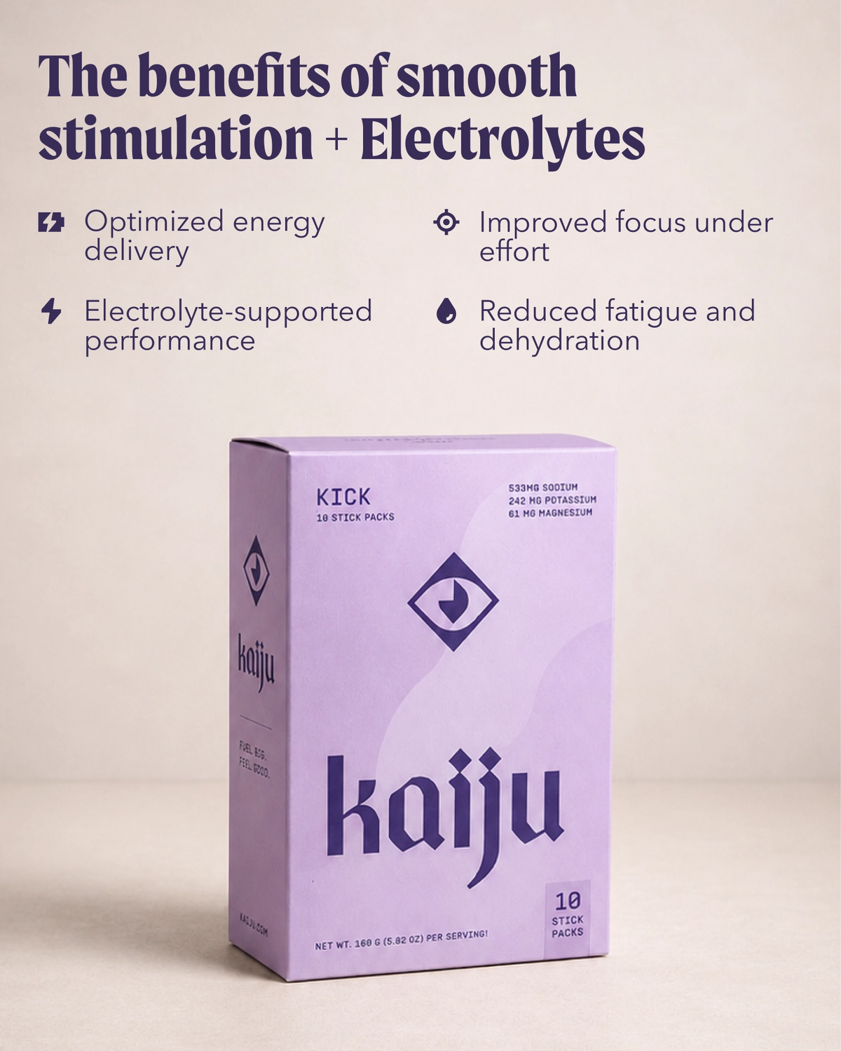 A box of KICK Kaiju smooth stimulation electrolyte powder stands on a light beige background with promotional text above it. The box is lavender purple with dark purple branding and text.