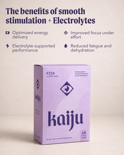A box of KICK Kaiju smooth stimulation electrolyte powder stands on a light beige background with promotional text above it. The box is lavender purple with dark purple branding and text.