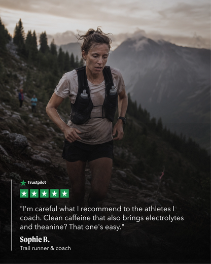 A trail runner wearing a black hydration vest and athletic gear is shown running on a rocky mountain slope with a forest and distant peaks in the background. A quote from Sophie B.