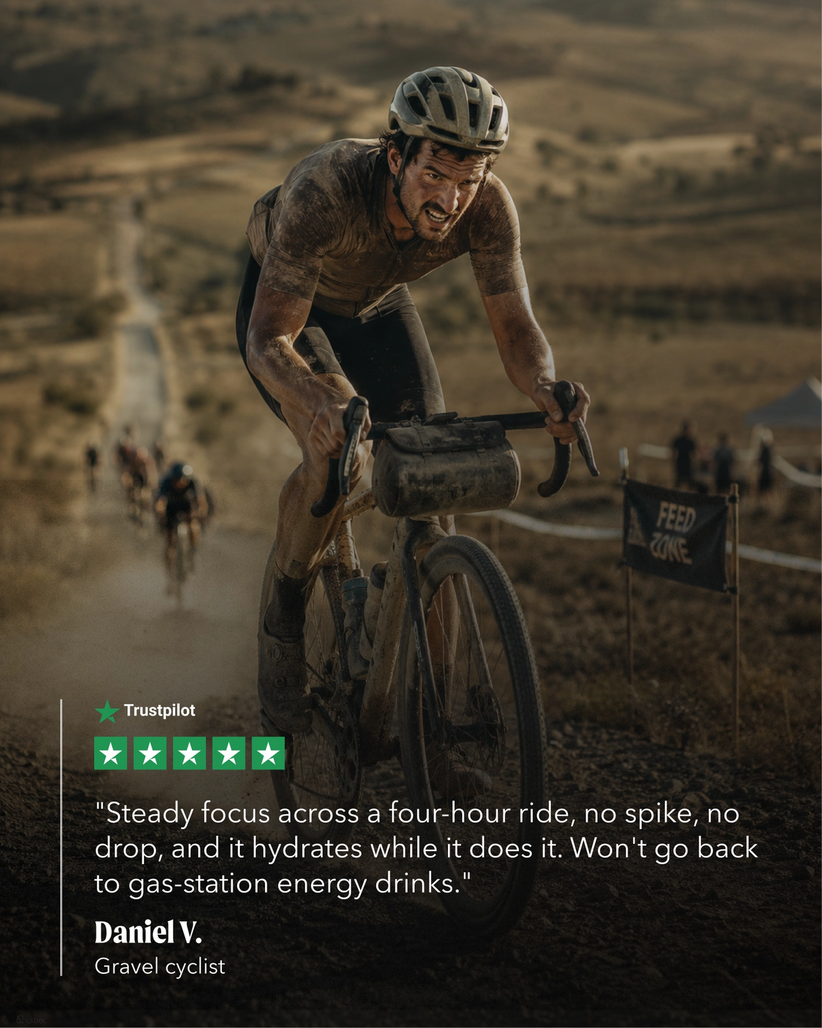A gravel cyclist rides a bicycle through a dusty outdoor course, with a quote from Daniel V., a gravel cyclist, overlaid at the bottom alongside a Trustpilot rating graphic.