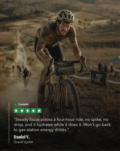 A gravel cyclist rides a bicycle through a dusty outdoor course, with a quote from Daniel V., a gravel cyclist, overlaid at the bottom alongside a Trustpilot rating graphic.