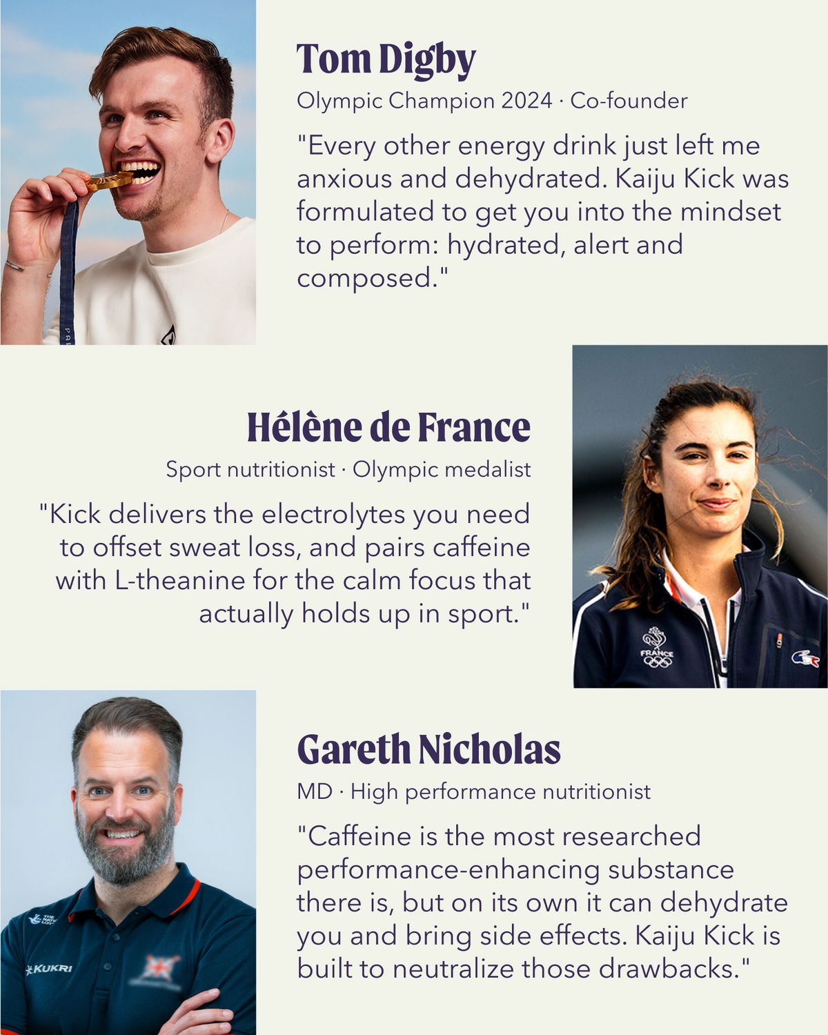 A promotional graphic featuring three sports figures with photos, names, titles, and quote text on a light gray background: Tom Digby, Hélène de France, and Gareth Nicholas.
