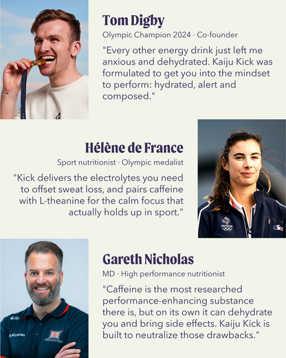 A promotional graphic featuring three sports figures with photos, names, titles, and quote text on a light gray background: Tom Digby, Hélène de France, and Gareth Nicholas.
