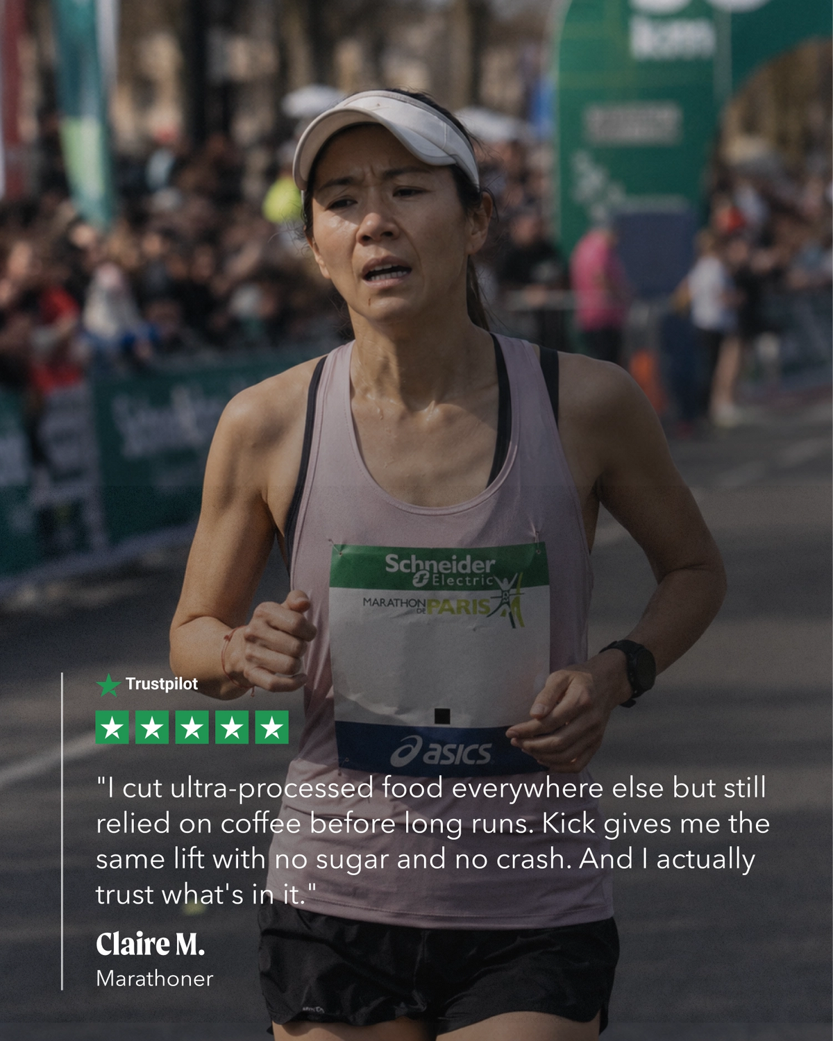 A marathon runner wearing an Asics tank top and shorts on a city street, with a trustpilot review overlay showing a 5-star rating and a testimonial quote from Claire M. Marathoner.