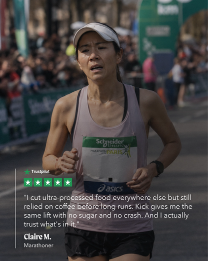 A marathon runner wearing an Asics tank top and shorts on a city street, with a trustpilot review overlay showing a 5-star rating and a testimonial quote from Claire M. Marathoner.